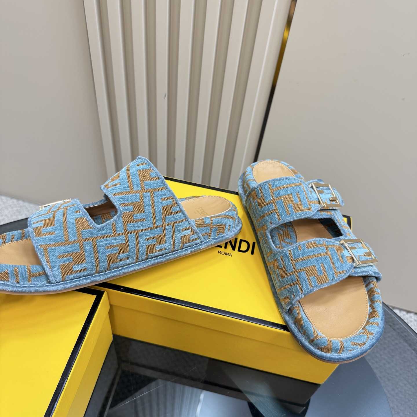Fendi Feel Light Blue FF Jacquard Velvet Slides - 