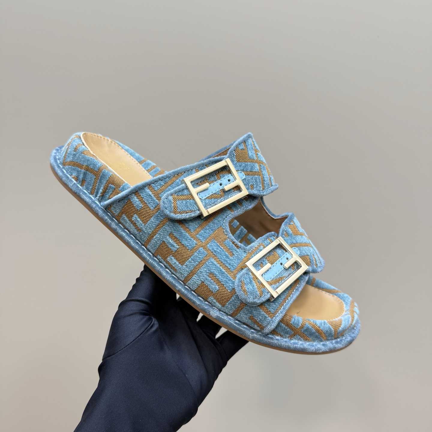 Fendi Feel Light Blue FF Jacquard Velvet Slides - 