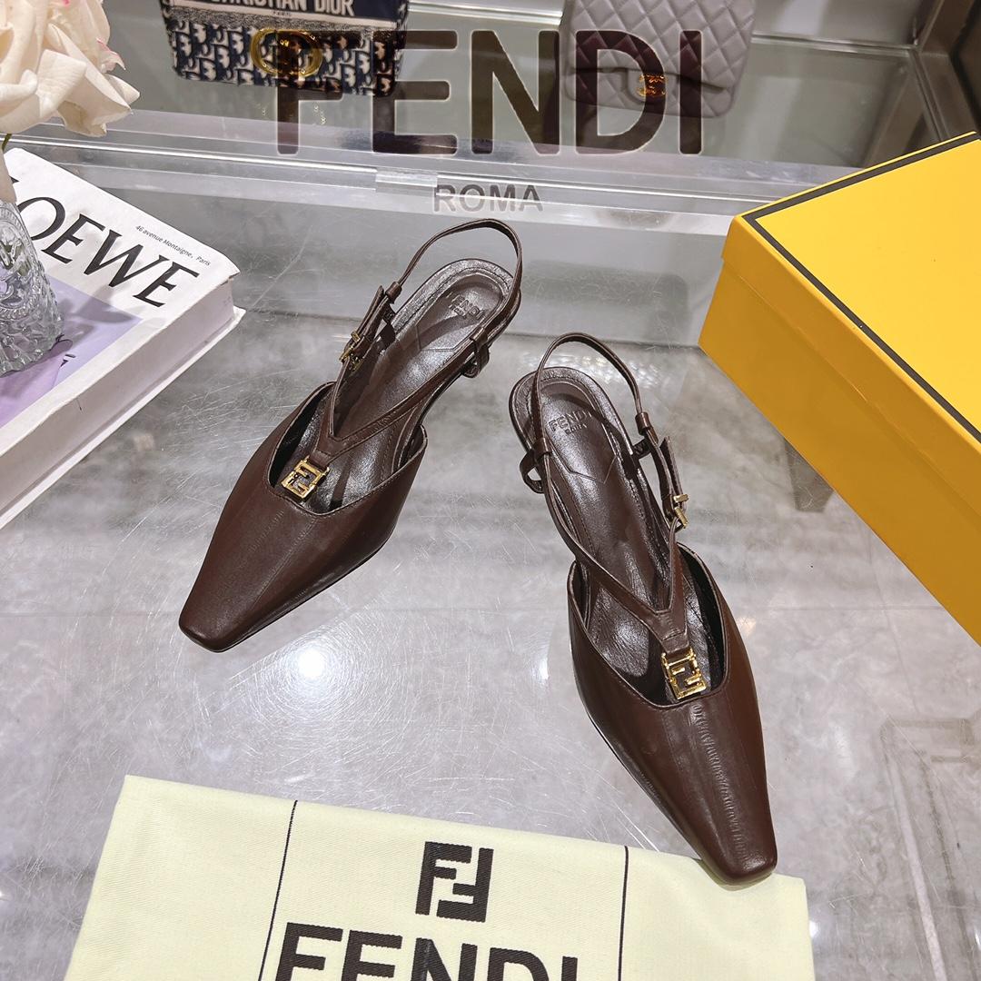 Fendi FFold Brown Eel Leather Low-heeled Slingbacks - 