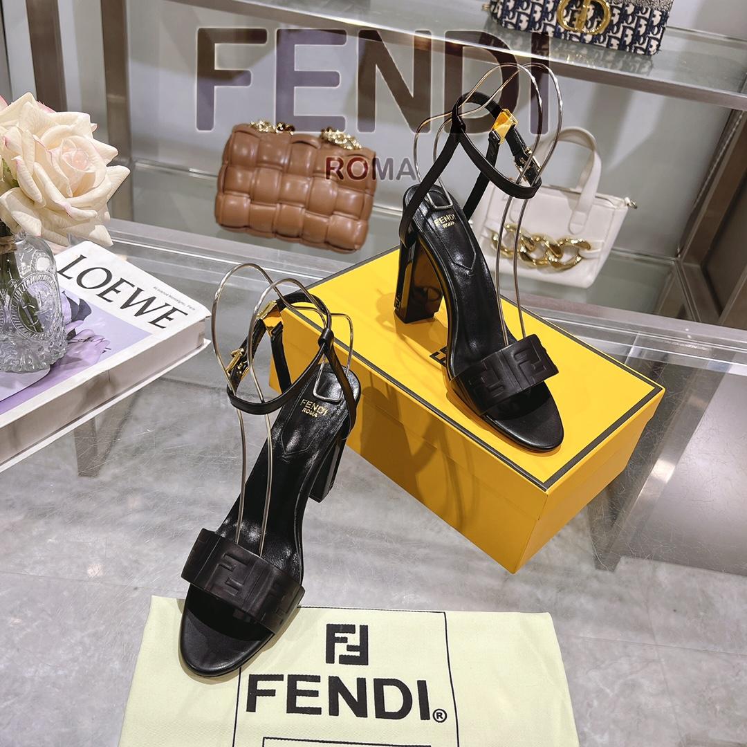 Fendi Delfina Black FF Nappa Leather High-heeled Sandals - 