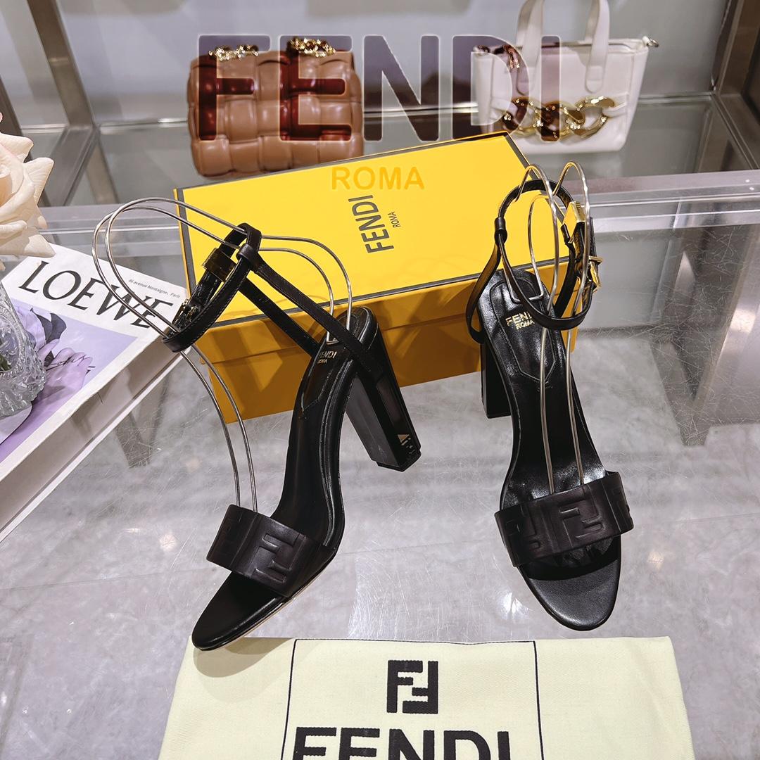 Fendi Delfina Black FF Nappa Leather High-heeled Sandals - 