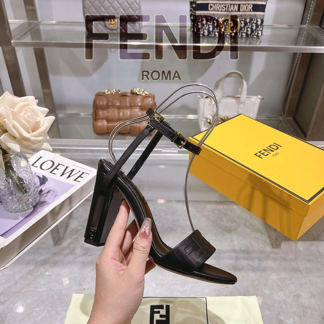 Fendi Delfina Black FF Nappa Leather High-heeled Sandals - 