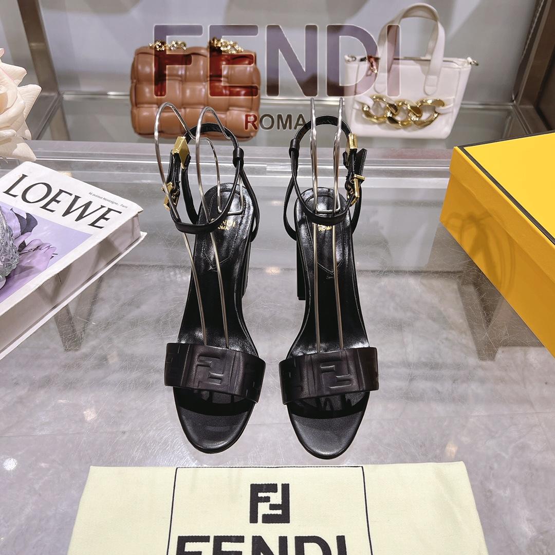 Fendi Delfina Black FF Nappa Leather High-heeled Sandals - 