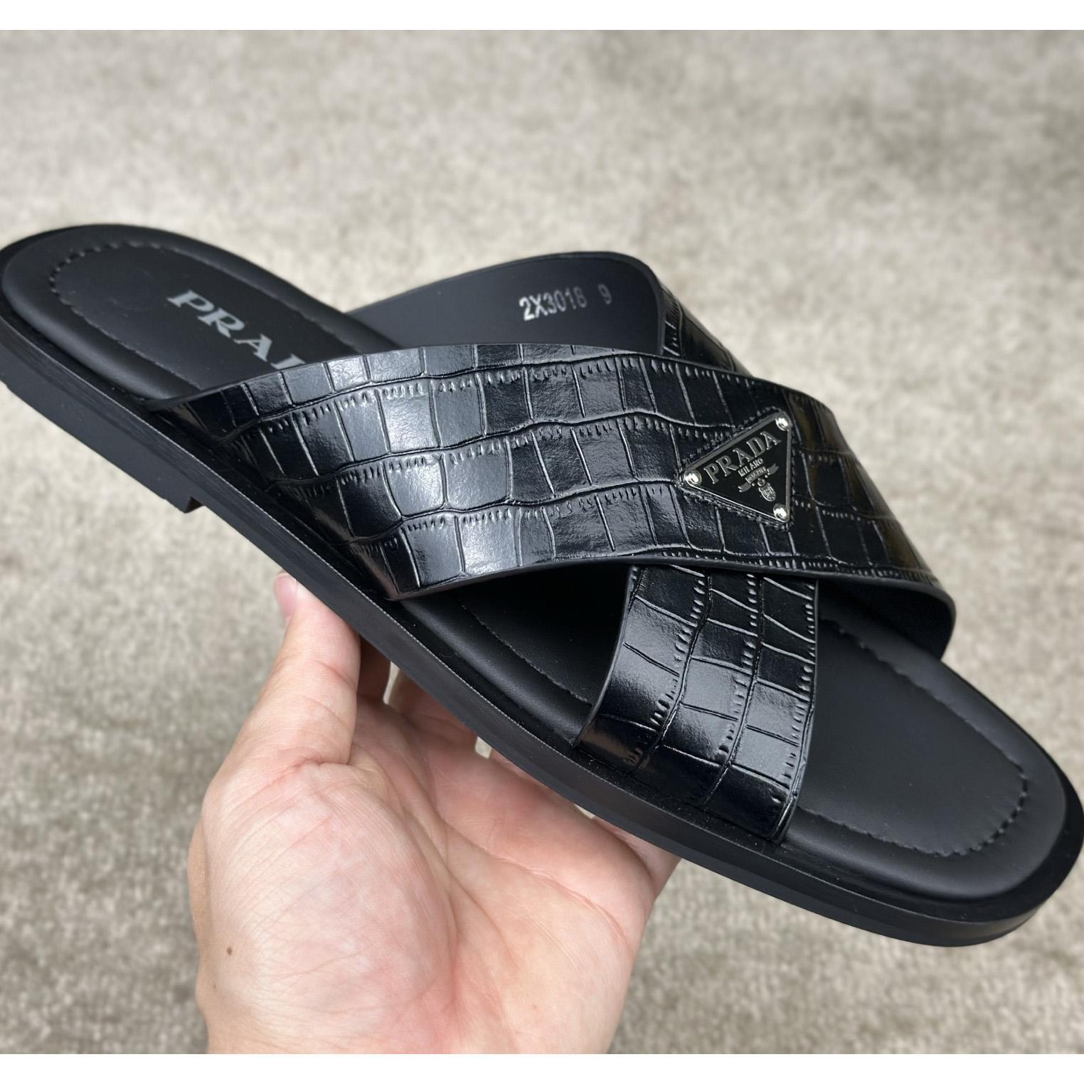 Prada Crisscross Leather Slides - 