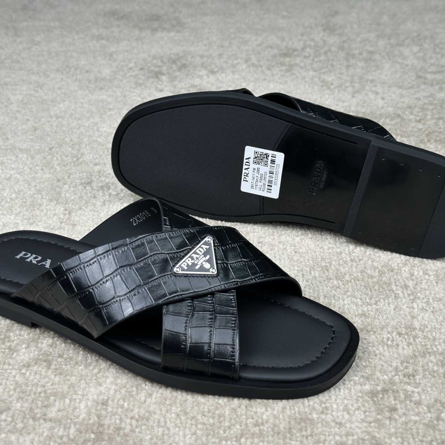 Prada Crisscross Leather Slides - 