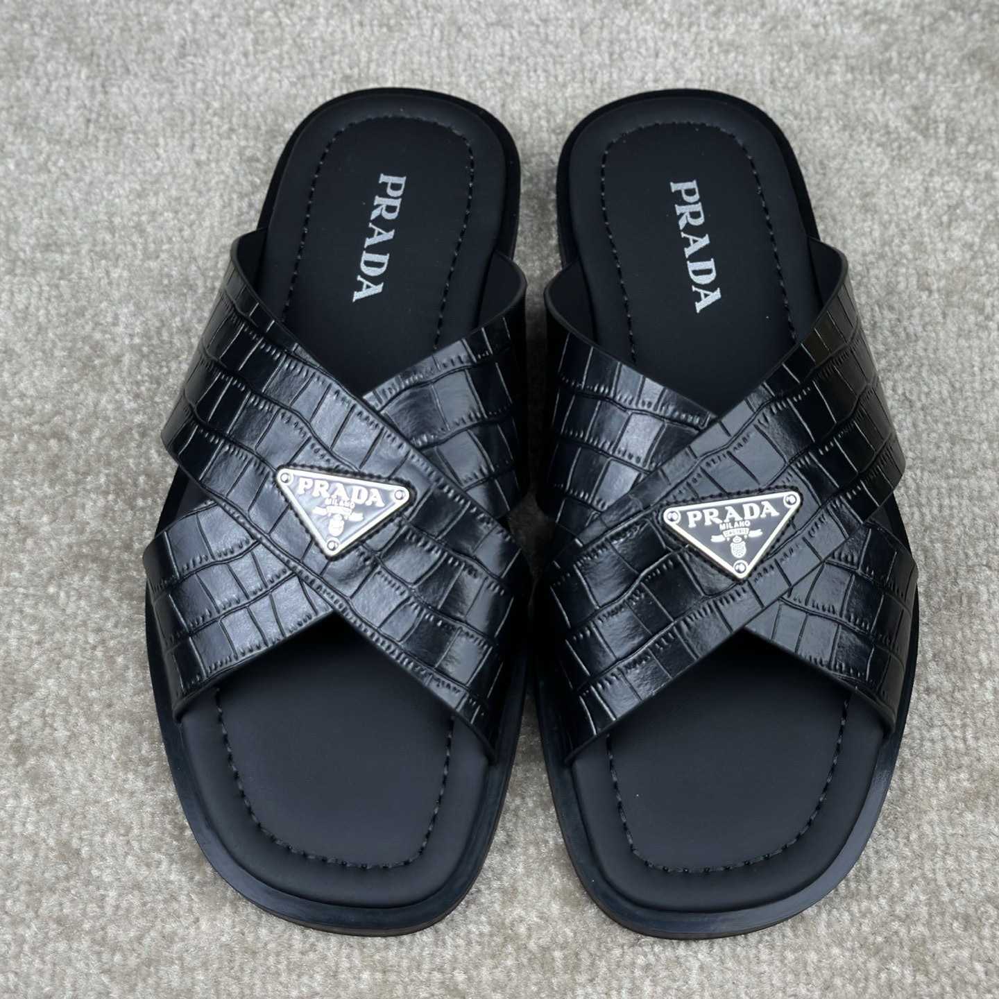 Prada Crisscross Leather Slides - 