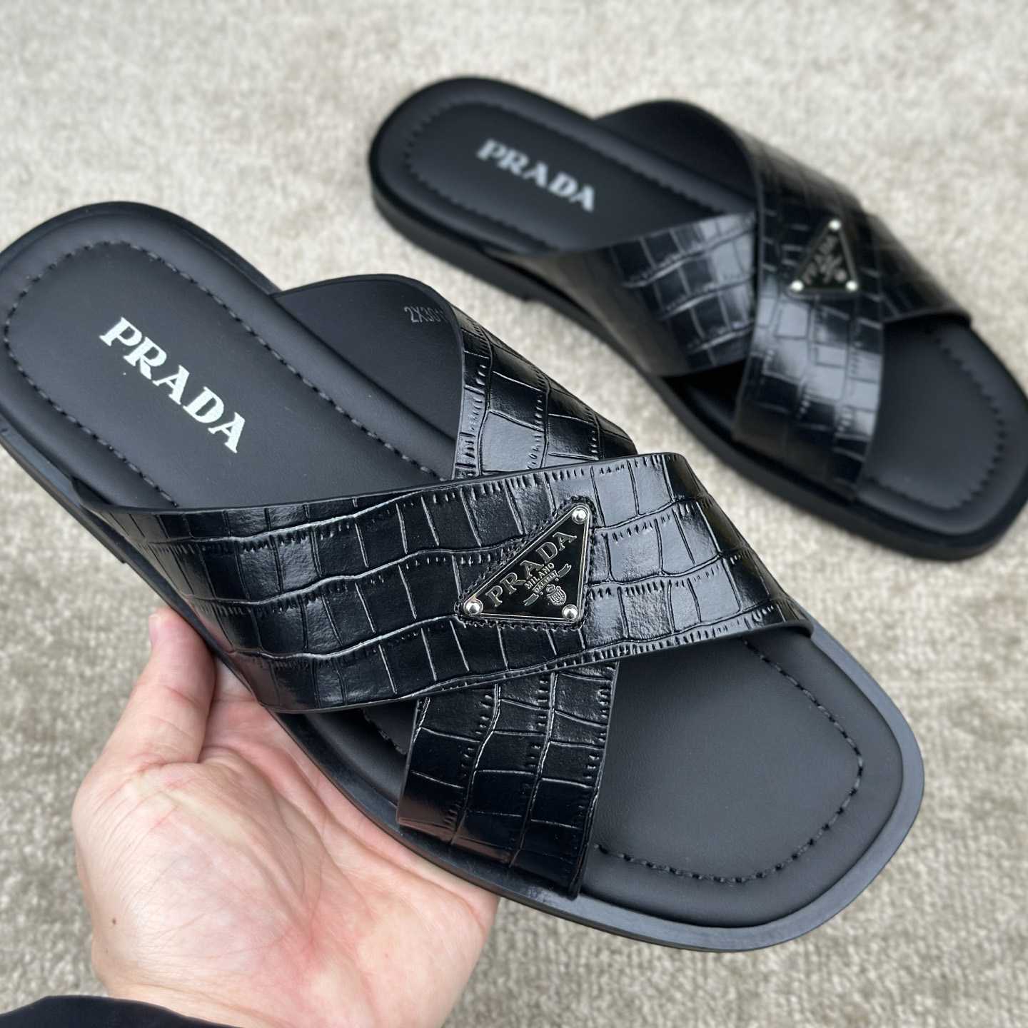 Prada Crisscross Leather Slides - 