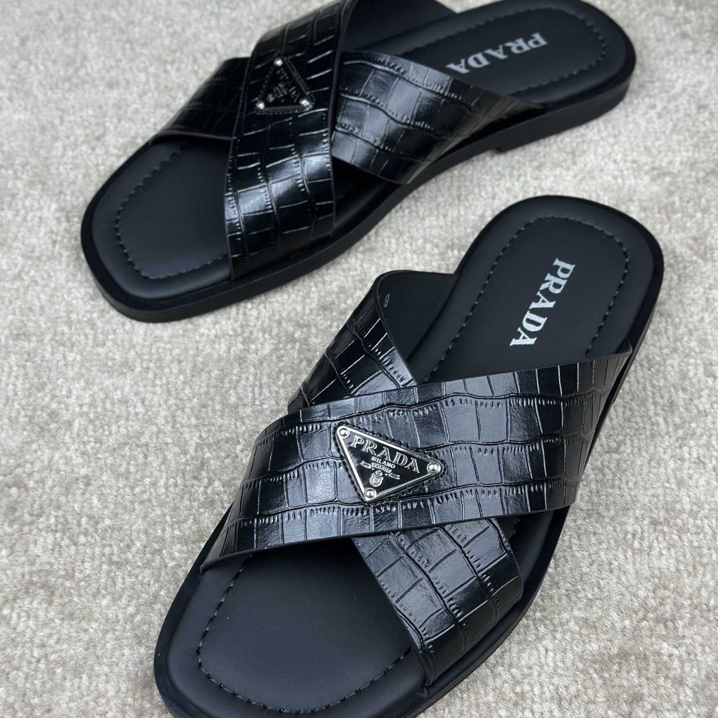 Prada Crisscross Leather Slides - 