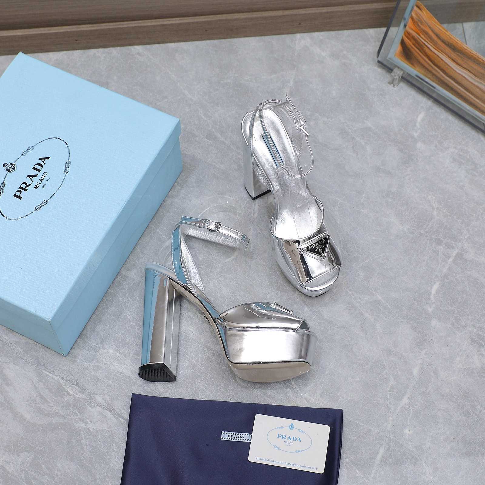 Prada Silver Tone Plateau Platform Sandals | Silver   13cm - 