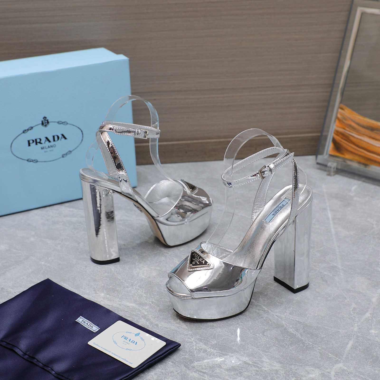 Prada Silver Tone Plateau Platform Sandals | Silver   13cm - 
