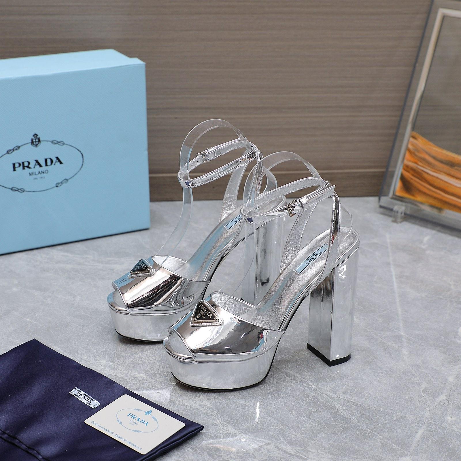 Prada Silver Tone Plateau Platform Sandals | Silver   13cm - 