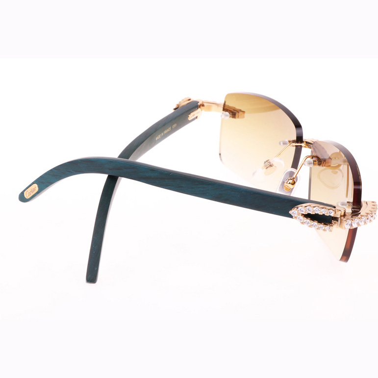 Cartier CT 3524012 Big Diamond Green Wood Sunglasses In Gold Brown - DesignerGu