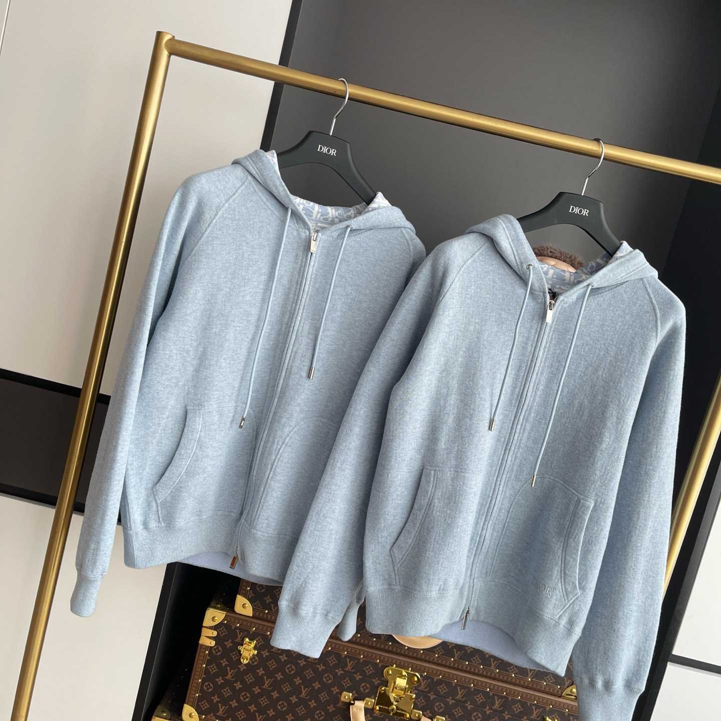 Dior Hooded Track Jacket Blue Cotton and Cashmere Knit  - DesignerGu