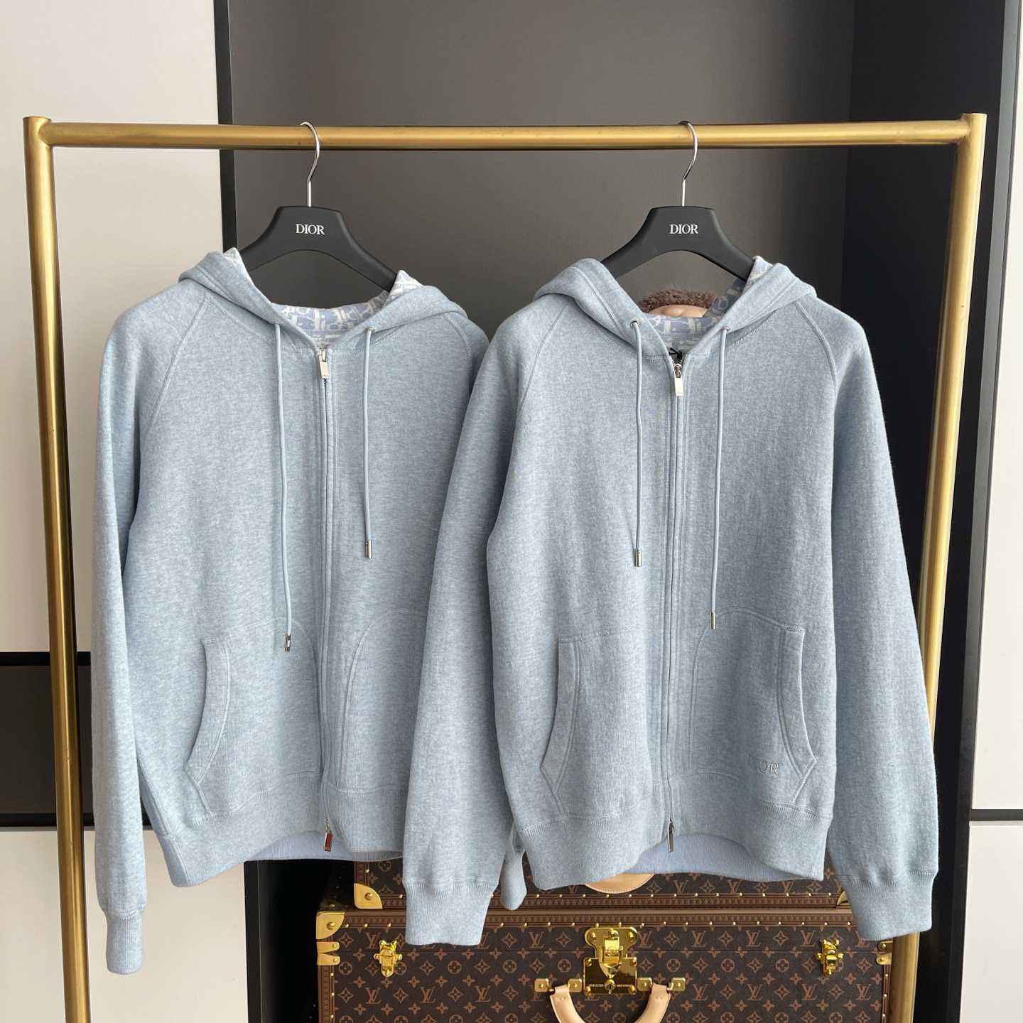 Dior Hooded Track Jacket Blue Cotton and Cashmere Knit  - DesignerGu