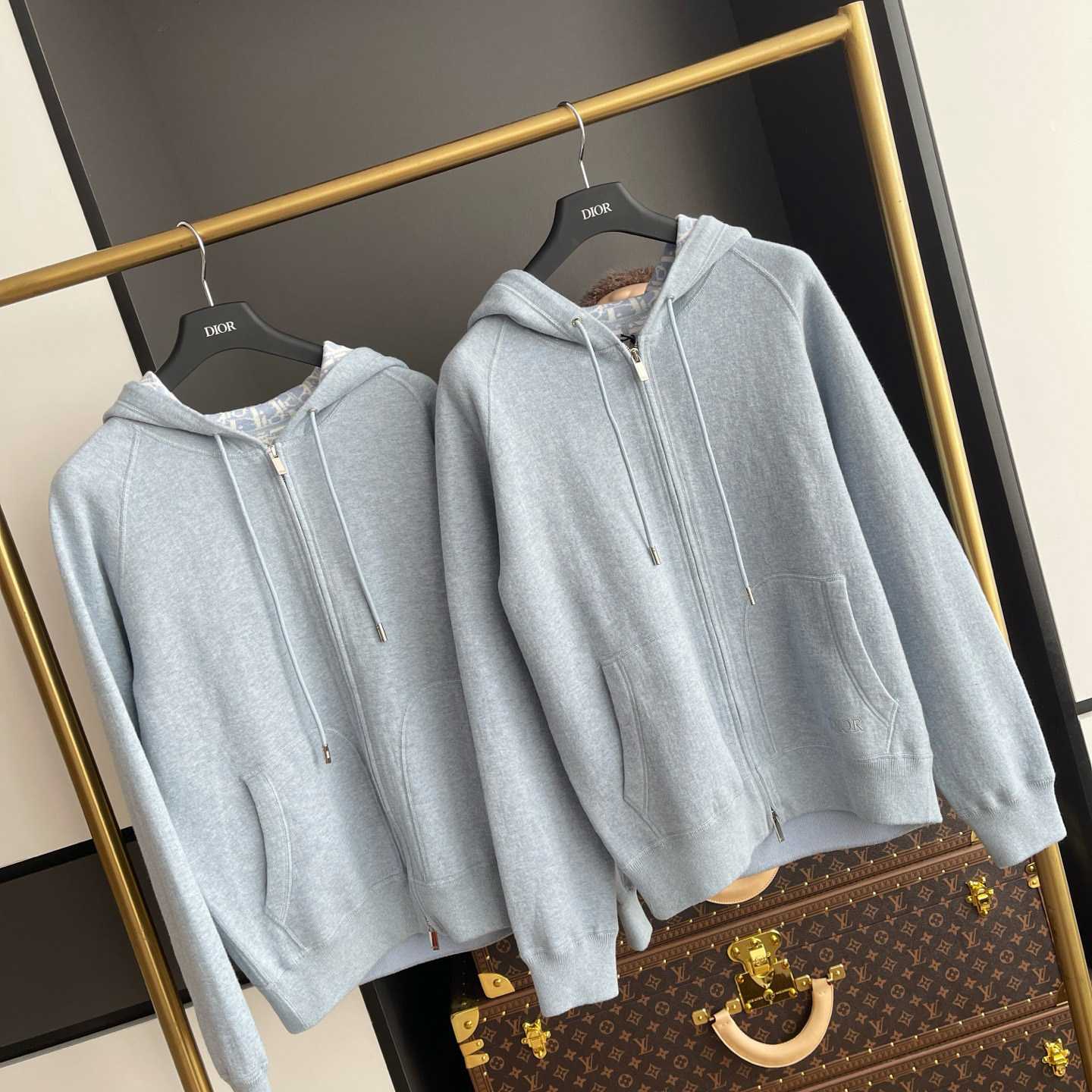 Dior Hooded Track Jacket Blue Cotton and Cashmere Knit  - DesignerGu