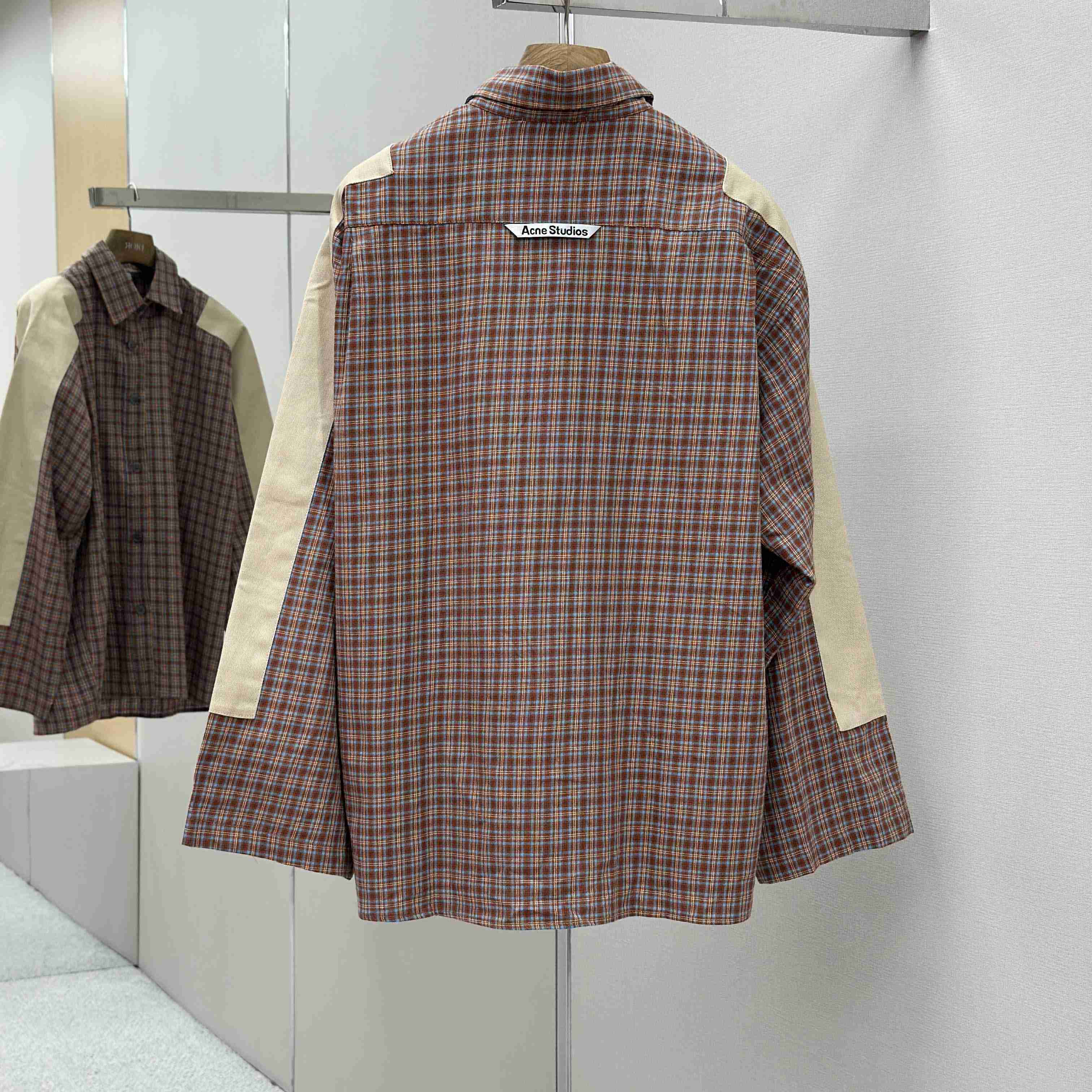 Acne Studios Brown Relaxed Checked Flannel Shirt with Striped Arm Panel - DesignerGu