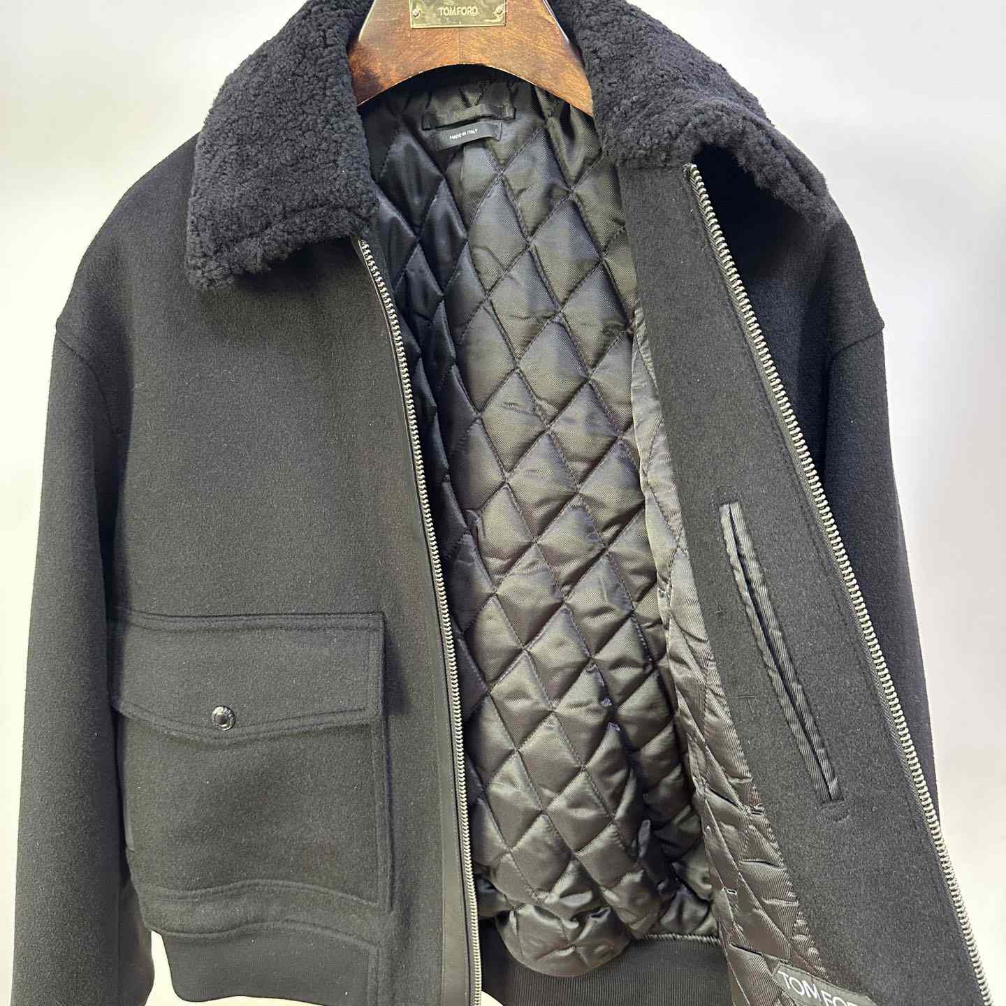 Tom Ford Black Shearling And Leather-trimmed Wool-blend Bomber Jacket - DesignerGu