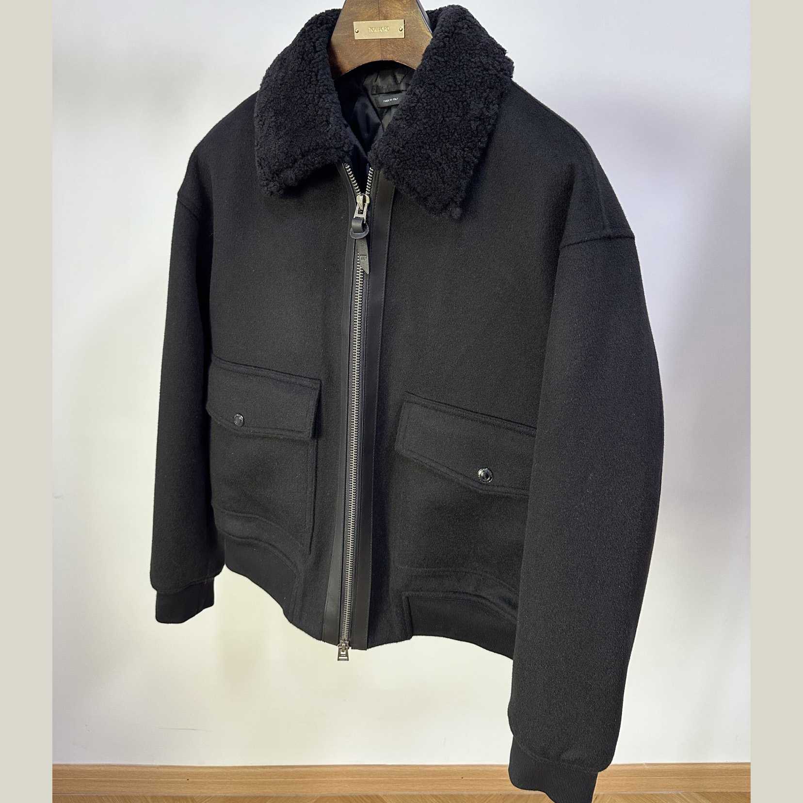 Tom Ford Black Shearling And Leather-trimmed Wool-blend Bomber Jacket - DesignerGu